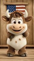 A cartoon cow with an american flag on a wooden floor photo