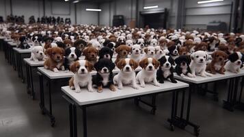A large group of puppies sitting on tables in a room photo