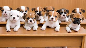A group of puppies sitting on top of a wooden desk photo
