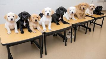 A group of puppies sitting on top of desks photo