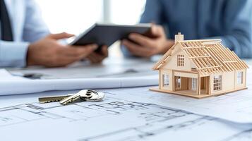 Building a house with a key and blueprint photo