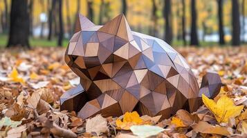 A wooden sculpture of a cat sitting in leaves photo