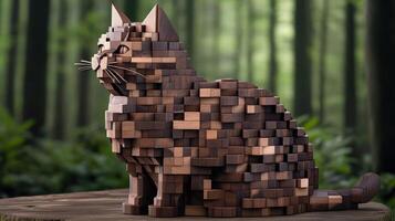 A wooden sculpture of a cat made from blocks photo