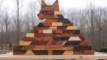 A wooden sculpture of a cat made out of blocks photo
