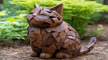 A wooden sculpture of a cat made from pieces of wood photo