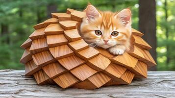 A kitten is sitting inside of a wooden ball photo