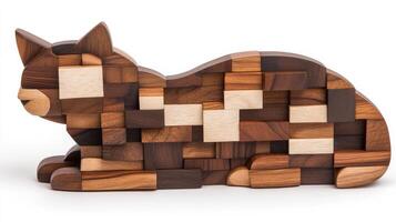 A wooden puzzle piece with a cat sitting on it photo