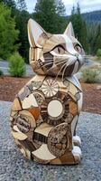 A wooden sculpture of a cat with many different designs photo