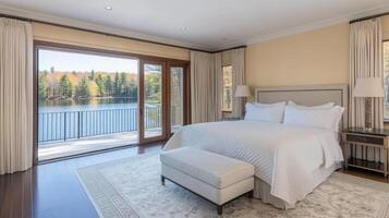 A bedroom with a view of the lake and a bed photo