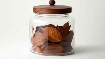 A jar filled with leaves on a white background photo