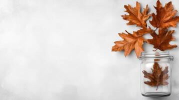 Autumn leaves in a glass jar on a white background photo