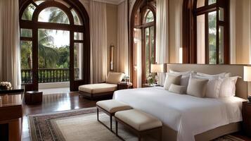 A large bedroom with large windows and a bed photo