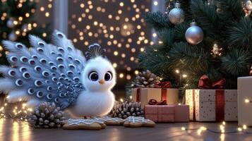 A white peacock sits next to presents and christmas decorations photo