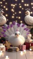 A white peacock surrounded by presents and decorations photo