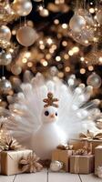 A white peacock with a golden crown sits on a wooden table with presents photo