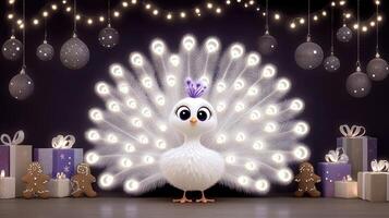 A white peacock with a crown and lights around it photo