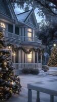 A beautiful house with a christmas tree in front photo