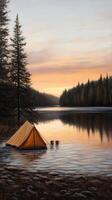A painting of a tent in the water at sunset photo