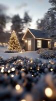 A house with lights on the ground and a christmas tree photo