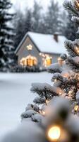 A christmas tree in the snow with lights photo