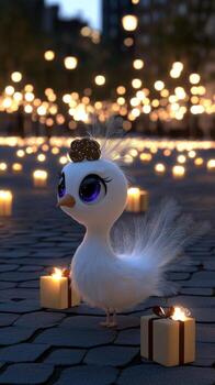 A white bird standing on a brick walkway with lit candles photo