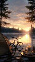 A bicycle and tent near a lake at sunset photo