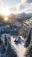 A snowy mountain landscape with a lake and trees photo
