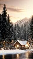 A cabin in the snow with lights on the roof photo