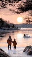 Two children walking along the shore of a lake at sunset photo