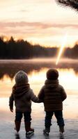 Two children holding hands and standing on ice photo