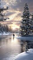 A couple walking on a frozen lake in the snow photo