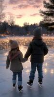 Two children holding hands on ice skates at sunset photo