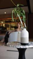 The cold steam is flowing up from the oil aroma diffuser and houseplants on table. Modern air humidifier device at workplace. Space for text, vertical shot. Aromatherapy Concept. video