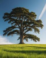 A large tree stands alone in a field photo