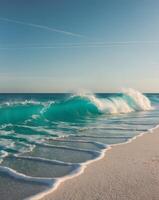 Turquoise Waves Breaking on Sandy Shores Background photo
