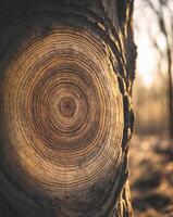 A close up of a tree trunk with a circular cut photo