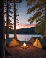 Camping tents set up on the shore of a lake at sunset photo