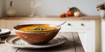 Warm butternut squash soup served in a rustic bowl with steam rising in a cozy kitchen setting. photo