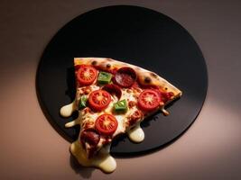 Mouthwatering Slice of Melting Pizza with Toppings and Dripping Cheese on Dark Background. photo