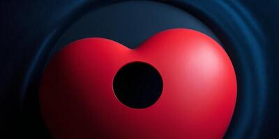 A red heart with a window inside on a dark blue background. photo