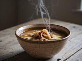 A bowl of soup with a steam coming out of it photo
