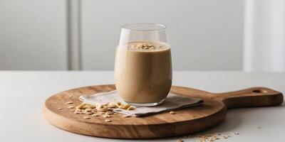 A glass of milk with nuts on a wooden board photo