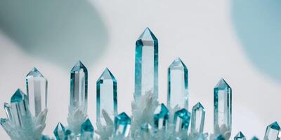 Closeup of aquamarine crystals growing upwards with a blurred background. photo