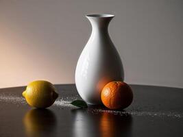 A vase with a lemon and an orange on a table. photo