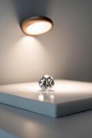 A diamond on a white surface with a light shining through it. photo