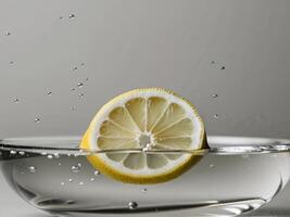 Fresh lemon slice submerged in clear water with bubbles. photo