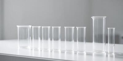 A row of glass beakers and test tubes sit on a white table. photo