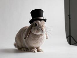 Charming rabbit in top hat posing on white backdrop. photo
