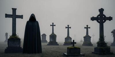 A grim reaper stands in the middle of a graveyard photo