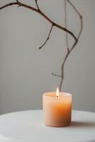A Lit Candle on a White Surface with a Dried Branch in the Background. photo